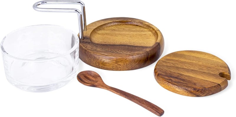 BILLI Glass Spice Jar Condiment Pot Storage Jar with Wooden Lid, Spoon, Wooden Base Glass Canisters Seasoning Box for Condiment, Salt, Sugar, Herb, Brown, ACA-60X - Image 4